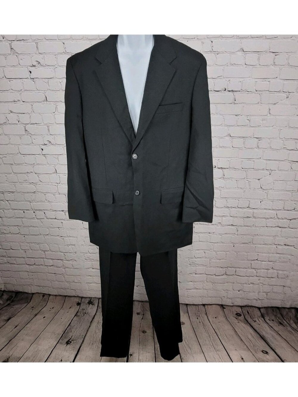Perry Ellis Black Wool Blend Full Suit Set Notch Jacket 42 Pleated Pants 34x30